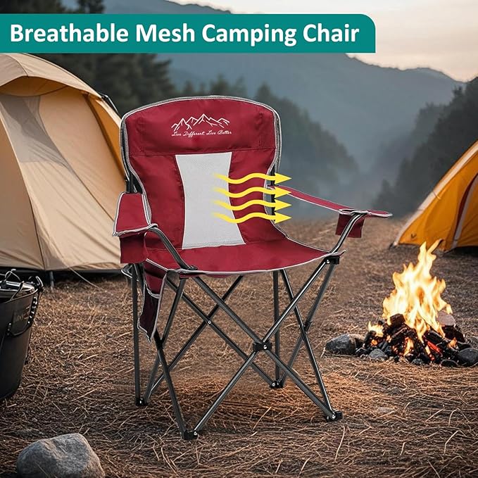 Outdoor Folding Camping Chair with Cup Holder, Storage Bag, Large Anti-Sink Feet, 325lbs Capacity, Breathable Mesh Portable Chair for Camping, Beach, Fishing, Sports, Red