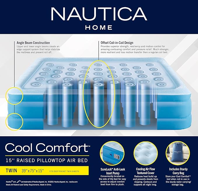 Nautica Home 15" Cool Comfort Size Twin Premium Air Mattress with Pillow Top, Raised Inflatable Airbed, Comfort Coil Technology, Built-in Pump, Anti-Leak Vinyl, Storage Bag