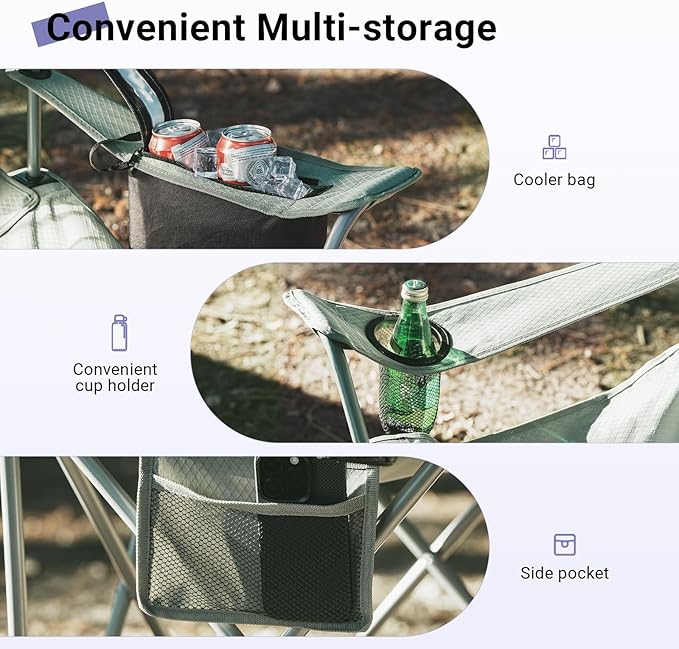 Camping Chairs Portable Folding Lightweight Outdoor Lawn Chair for Adults with Cooler Bag, Cup Holder and Side Pocket for Camping, Beach, Sports, Hiking, Fishing