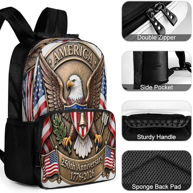 Men Women Polyester America 250th Anniversary USA Patriotic Freedom Art Daypack Big Capacity Shoulder Bag With Adjustable Shoulder Straps for Camping Travel Walking Cycling