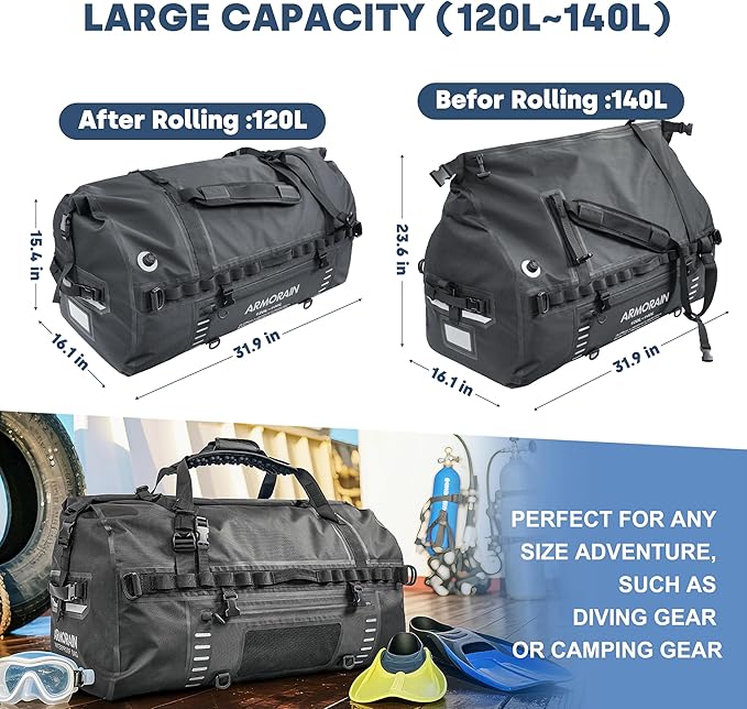 120-140L large Capacity Airtight Waterproof Travel Dry Bag,Equipped with Durable Inflatable Shoulder Straps and Handles Suitable for Diving Equipment Motorcycles Rowing Kayaking Camping