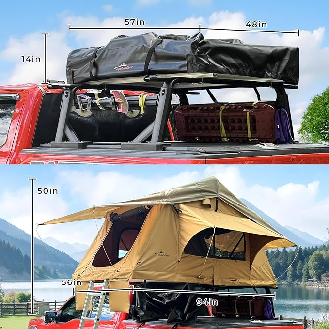 Rooftop Tent for SUV & Truck Camping, Soft Shell Roof Top Tent, Quick-Setup Design with Telescopic Ladder and LED Lighting for 2-3 Person Family Adventures