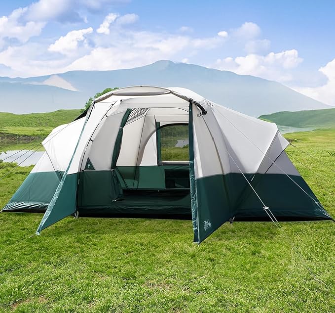 8/10/11 Person Camping Tent with Porch, Large Family Tents for Camping, PU1000MM Waterproof Tent with 5 Mesh Windows, Removable Rainfly, Reflective Windproof Rope, Big Dome Tent Fits 3 Queen Airbeds