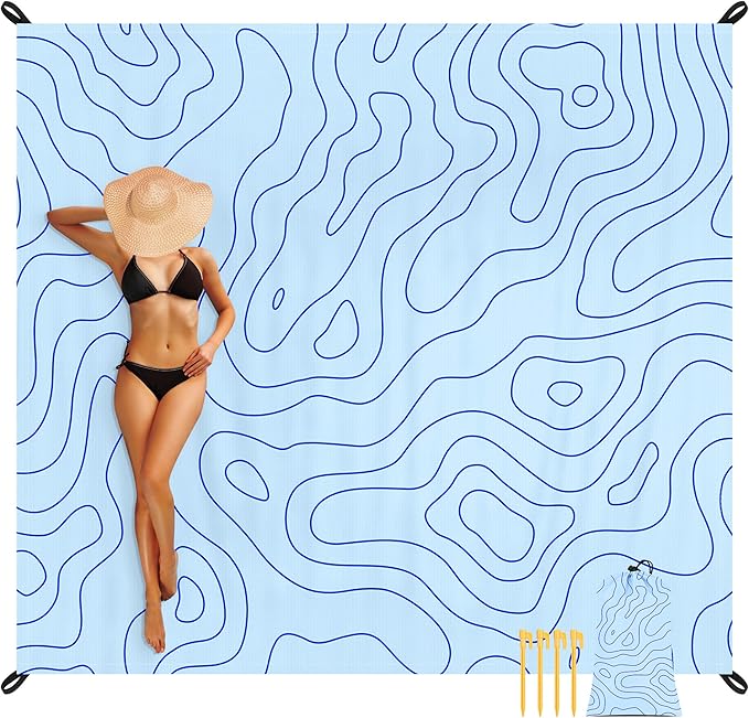 110''×118'' Beach Blanket for 2-8 Adults, Polyester Waterproof Sandproof Beach Mat with 4 Stakes & Storage Bag, Oversized Compact Foldable Blue Outdoor Pocket Blanket for Picnic, Travel, Camping