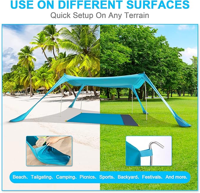 Family Beach Tent with 4 Aluminum Poles, 10x10 FT, with A Floor Mat, UPF50+ Portable Sun Shelter with Reinforced Corners, Outdoor Sunshade for Beach, Camping Trips, Backyard Fun or Fishing