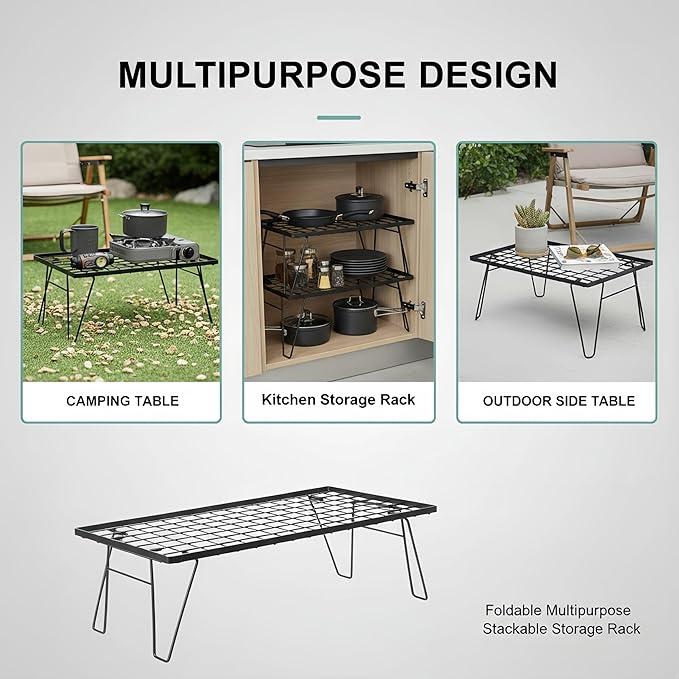Foldable Multipurpose Stackable Storage Rack - Ideal for Camping, Indoor & Outdoor Use, 66lbs Load Capacity, Steel Construction