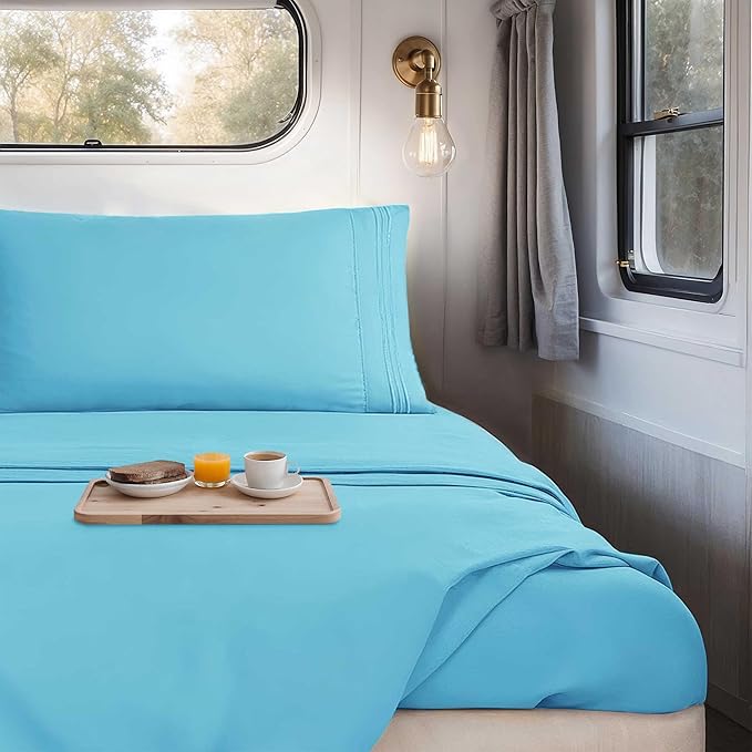 Hearth & Harbor Short Queen Sheets for RV, Bright Blue RV Queen Sheets, Silky Soft 1800 Microfiber Bed Sheet for Camper, 4 Piece RV Bedding with Pillowcases