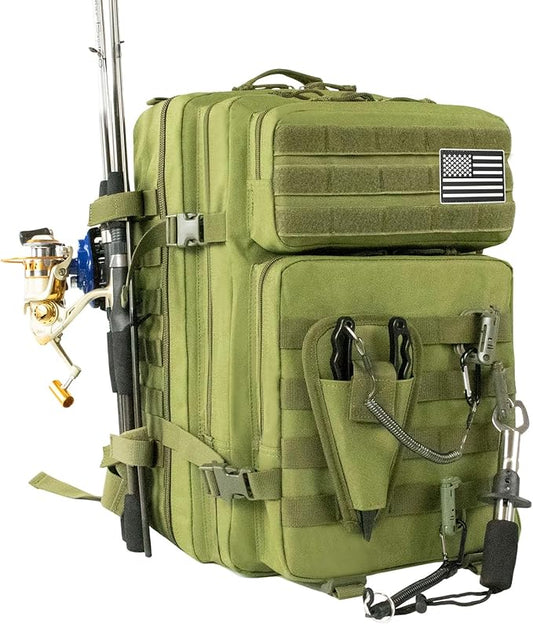 Large 45L Tactical Fishing Tackle Backpack with Removable Plier Holder & Rod Holders Storage Fishing Gear and Equipment Tackle Bag Hiking Backpack without Tackle Boxes Green