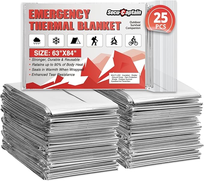 SecuCaptain Survival Emergency Thermal Blankets: 25 Pack Extra Large 84” x63” Space Mylar Blanket Kit for Outdoor Cold Winter Camping Hiking Car Bug Out Bag or First Aid