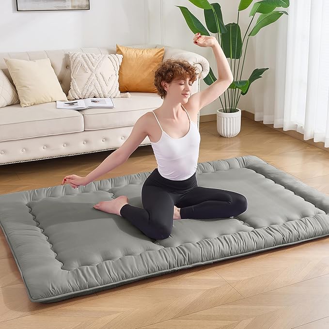 Japanese Floor Futon Mattress Full Size, 4" Thicken Foldable Mattress Tatami Mat Sleeping Pad, 25D Foam Filled Traditional Shiki Futon (shikibuton), Designed in Japan (Dark Grey 54"x 80")