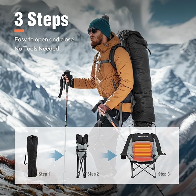 Dowinx Heated Camping Chair for Adults - Oversized Extra Large Folding Chair with Adjustable Padded Seat, Cup Holder, 400 lbs Capacity, Black