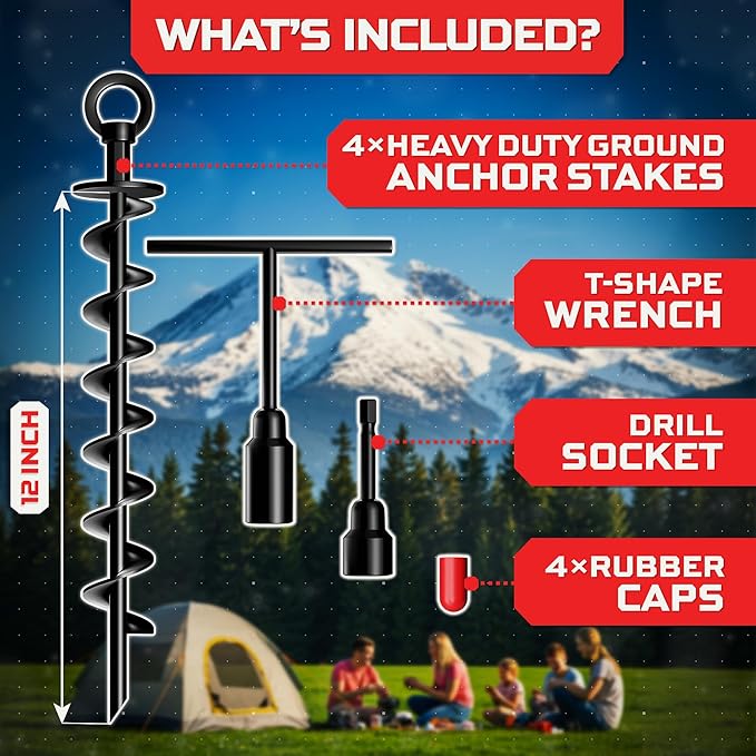 Happin® Heavy Duty Ground Anchors - Trampoline Anchors High Wind - Swing Set & Trampoline Stakes - Earth Anchors Screw in for Secure Hold - Stakes High Stability for Tents, Canopies & More (4 Pack)