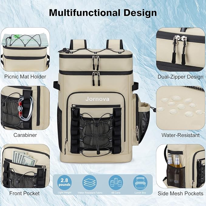 Insulated Cooler Backpack, 40L Leakproof Backpack with Double Compartments for Men & Women, Large Lunch Cooler for Camping, Beach, Travel, Picnic, Up to 48 Cans