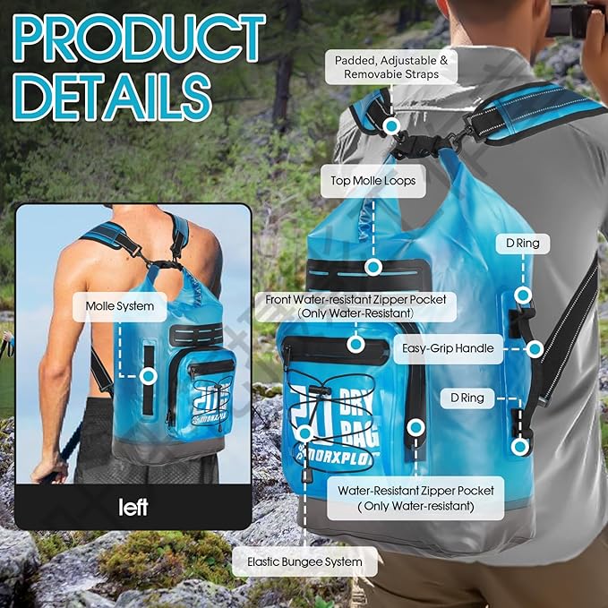 Dry Bag Waterproof,5L/10L/20L/30L Roll Top Dry Bag Backpack with WaterProof Phone Case for Swim,Kayak(Transparent Blue 10L)