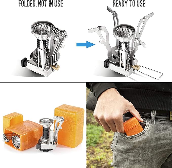 Peidesi Camping Cookware Mess Kit, Portable Camp Stove Pots and Pans Set, Carabiner, Folding Knife, Fork Spoon Kit, Carry Mesh Bag, for Backpacking