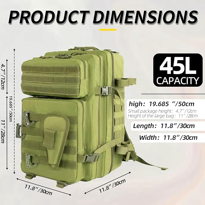 Large 45L Tactical Fishing Tackle Backpack with Removable Plier Holder & Rod Holders Storage Fishing Gear and Equipment Tackle Bag Hiking Backpack without Tackle Boxes Green