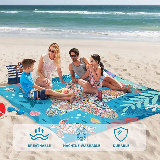 Beach Blanket Waterproof Sandproof, Bohemian Starfish Oversized Extra Large Beach Mat 83"×95"/8 × 7 FT for 1-7 Adults for Picnic Travel Camping Hiking, Quick Drying Lightweight Vacation Essentials