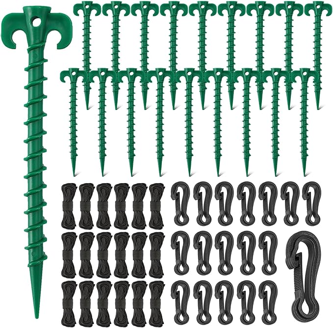 AUGSUN 54 Pieces Plastic Inflatable Stakes Set, Include Tent Stakes, Tethers Ropes and Hooks Heavy Duty Garden Yard Stakes for Christmas Outdoor Decorations Green