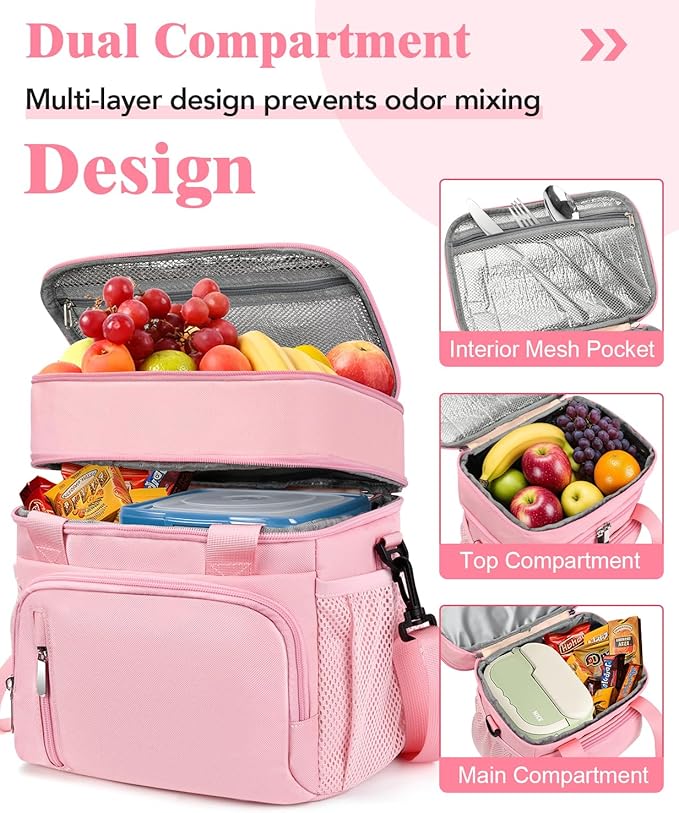 Lunch Box for Women, Double Insulated Lunch Bag Reusable Leakproof Cooler Bag Portable Picnic Food Bag, Adult Lunch Tote Lunch Bag for Work, Construction Worker, Truck Driver, Light Crew-Pink