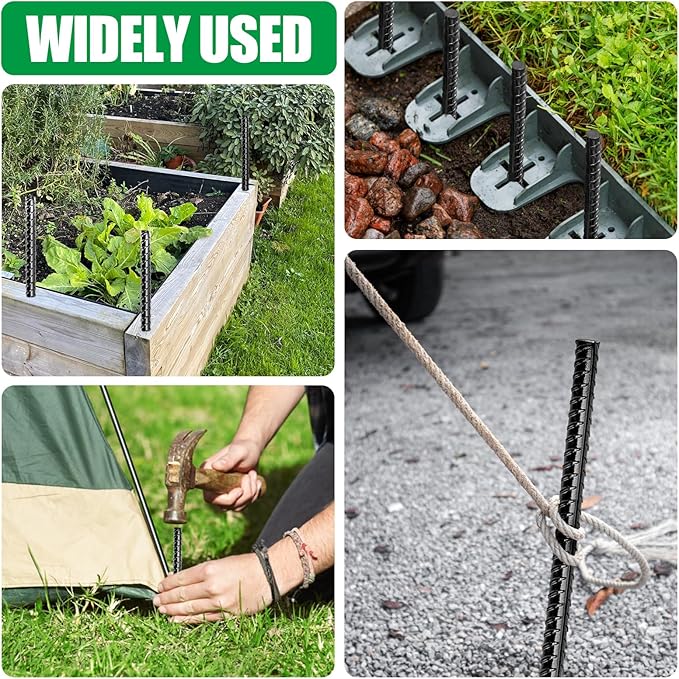 Rebar Stakes, Heavy Duty Metal J Hook Garden Ground Stakes for Camping Tent Canopy (I Shape-Black, I-16 x3/8"-4pcs)