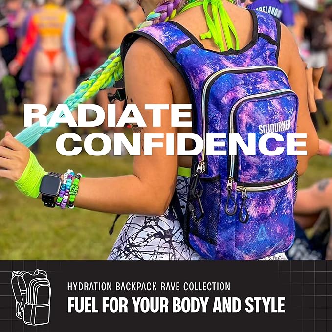Sojourner Hydration Pack, Hydration Backpack - Water Backpack with 2l Hydration Bladder, Festival Essential - Rave Hydration Pack Hydropack Hydro for Hiking, Running, Biking, Festival Gear