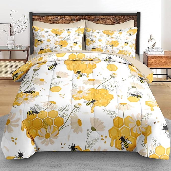 Comforter Set Twin Size, Bees Honey Flower 5 Pcs Bedding for Kids and Adults, Spring Floral Summer Bed Sheet Sets with Fitted Sheet Pillowcase & Sham for Bedroom Bed Decor