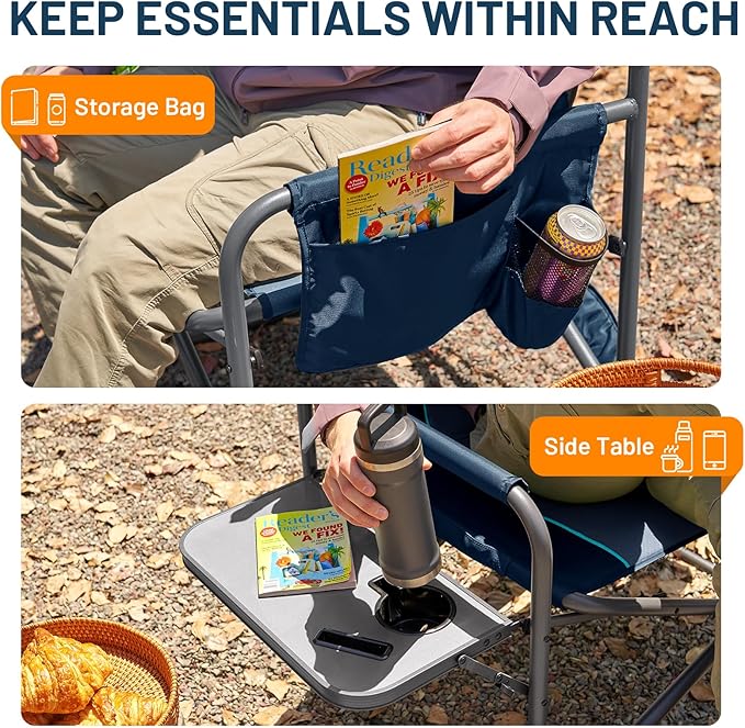 Timber Ridge XXL Director’s Chair – Heavy Duty Folding Chair with Side Table, 500 lb Capacity, Extra Wide Padded Seat for Camping, Sports, Beach, Patio, and Outdoor Use, Blue