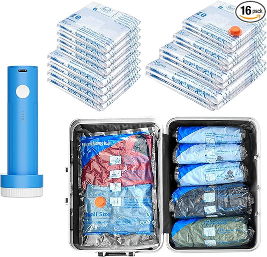 MEIQIHOME Vacuum Storage Bags, Space Saver Sealer Bags,Vacuum seal bags for clothing, Pillows, Comforters, Blankets, Bedding,Travel,16 Pack With Coldless Pump