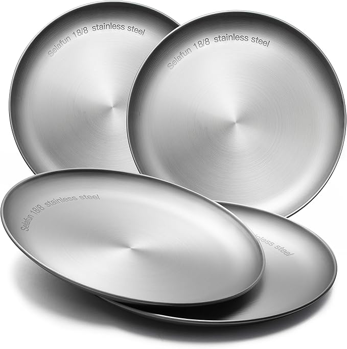 Stainless Steel Plates Metal 18/8 Round Dinner Plates - Set of 4 - Food-Grade Dishwasher Safe 9inch Salad Plates for Camping Kids Dining Outdoor (Silver)