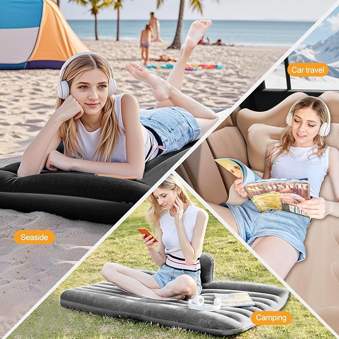 Ergocar Inflatable Mattress Camping Thickened Portable Travel Camping Flocking Bed Double-Layer Inflatable Valve Suitable for Suvs, Rear Seats, Automobiles