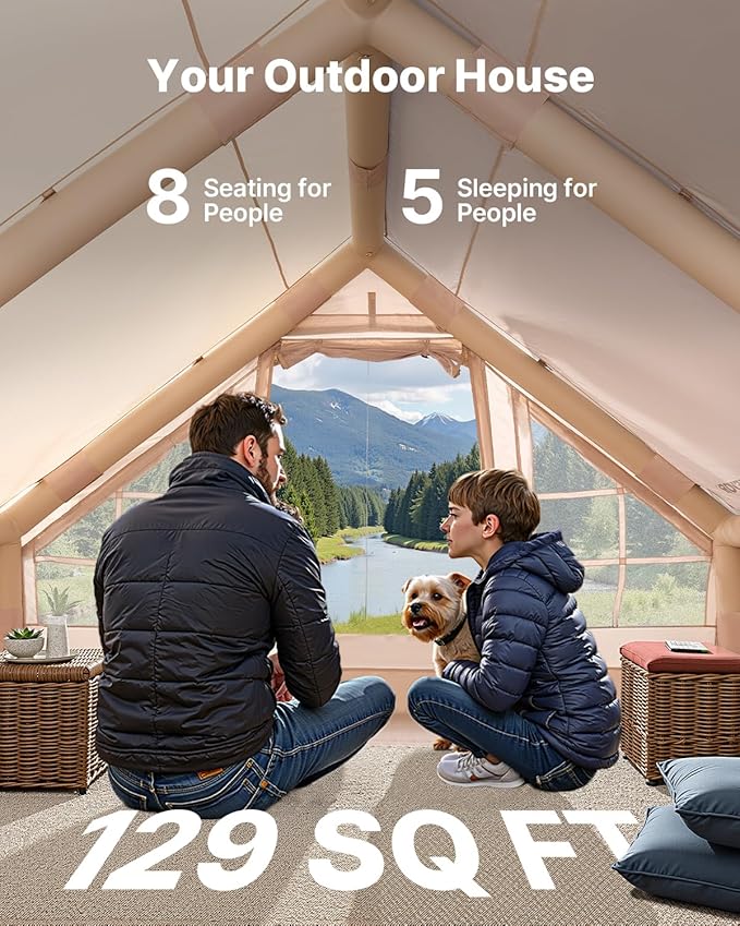 VEVOR Inflatable Tents for Camping, Easy Setup Blow up Tent with Hand Pump, 4 Season Glamping Tent with Stove Jack, Doors & Mesh Windows, Storage Bag Included for Easy Taking