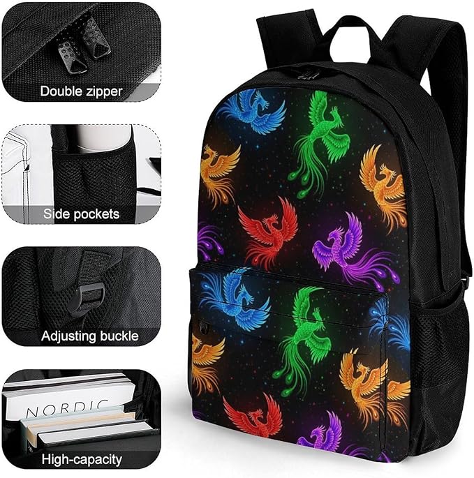 Men Women Polyester Colorful Fire Flame Birds Black Daypack Bookbag Big Capacity Shoulder Bag With Padded Straps for Climbing Travel Walking Cycling