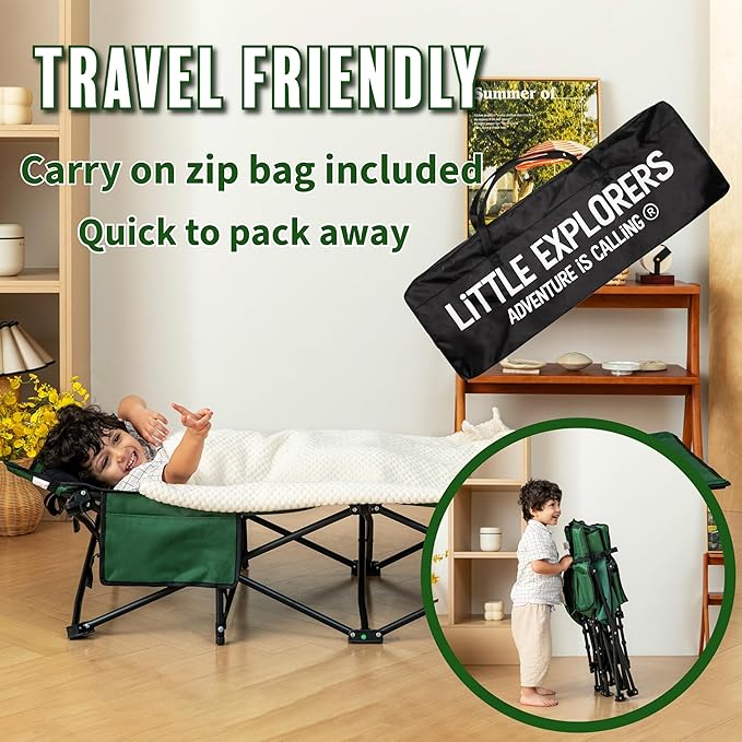 LITTLE EXPLORERS Kids cot, Child Camping and Travel Cot, Kids Cots for Sleeping, Foldable Bed for Kid, Includes Pillow and Bag | Age 3-12 | 60inch