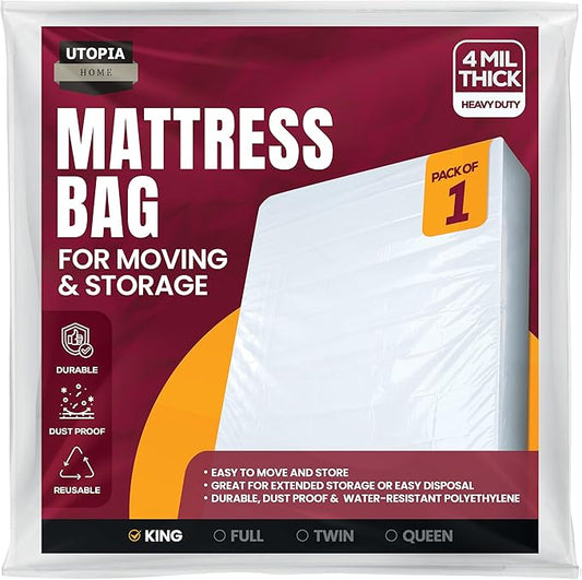 Utopia Home King Size Mattress Cover for Moving, 4 Mil Heavy Duty Plastic Mattress Bag for Disposal, Mattress Encasement Fits Mattresses up to 14 Inches, Mattress Bags for Moving