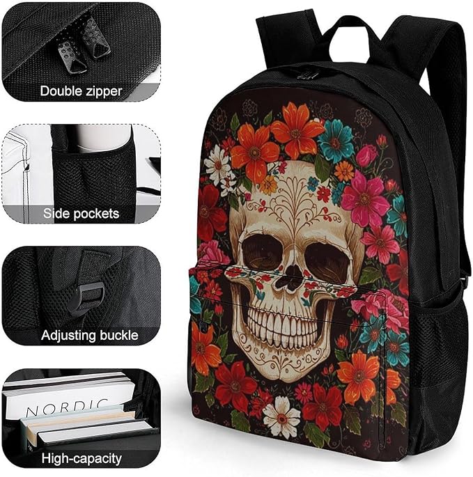 Men Women Lightweight Red Colorful Flowers Sugar Skull Backpack Large Capacity Carry On Bag With Padded Straps for Sports Work Walking Cycling