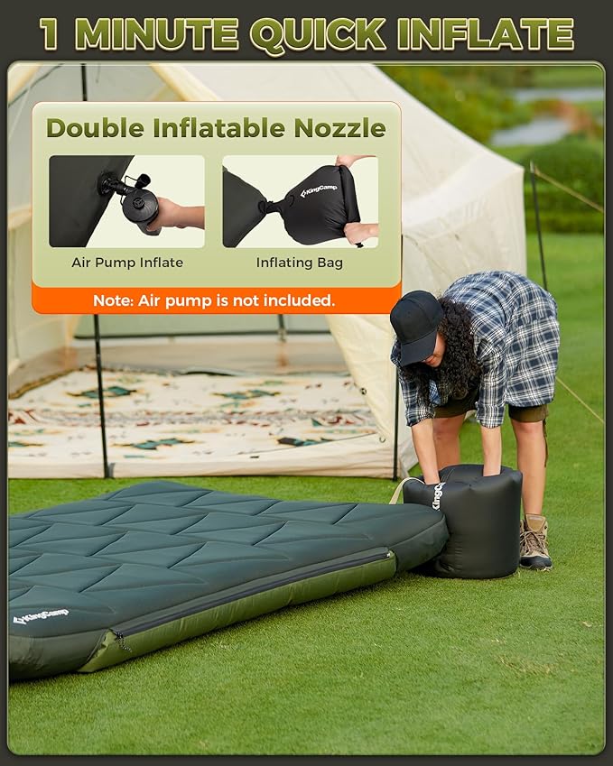 KingCamp Gorgeous Double 6.7" Camping Mattress with Washable Foam Cover, Extra-Thick Full Size Inflable Mattress with Pump Sack, Portable Double Mattress for Camp Outdoor Tent, Car & Guest