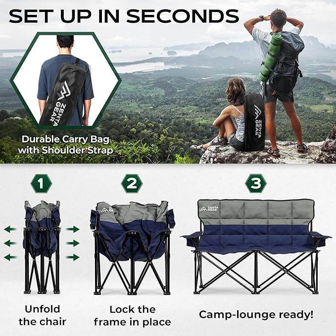 Oversized Fully Padded Double Camping Chair, Portable Folding Loveseat w/Side & Back Pockets, Adjustable Armrests, Double-Sized Cup Holders for Outdoor, Indoor, Supports 530LBS (Dark Navy)