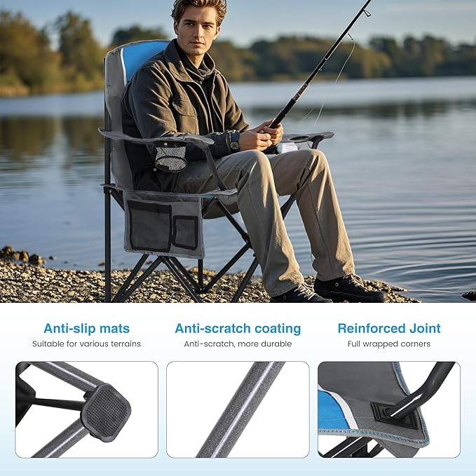 LET'S CAMP Oversized Outdoor Folding Camping Chair, 2 Pack Heavy Duty Arm Chairs with Cup Holder and Storage Bag, 350 LBS Weight Capacity, Blue