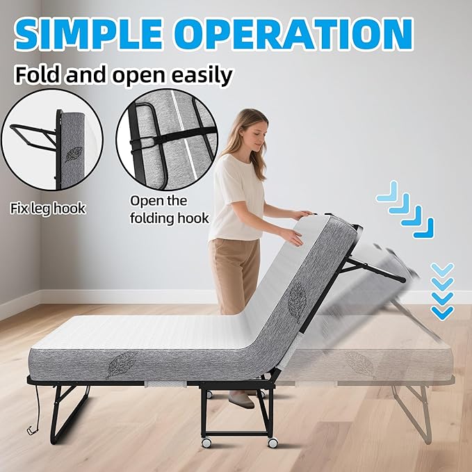Folding Bed with Mattress 75" x 38" for Adults Twin Size Folded Rollaway Guest Portable Foldable Extra Fold up Bed with 5-Inch Memory Foam Mattress Space-Saving Sturdy Metal Frame