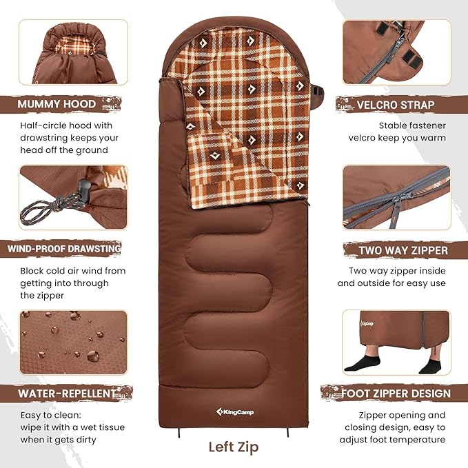 KingCamp Sleeping Bag for Adults, Cold Weather & Warm XL Big and Tall Flannel Sleeping Bags with Compression Sack Portable Waterproof Essentials Gear Accessories for Outdoor Camping