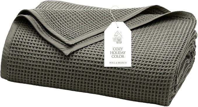 BOLL & BRANCH Waffle Bed Blanket - Twin/Twin XL, Juniper - Luxury 100% Organic Cotton - Soft, Lightweight and Breathable - Textured Waffle Weave