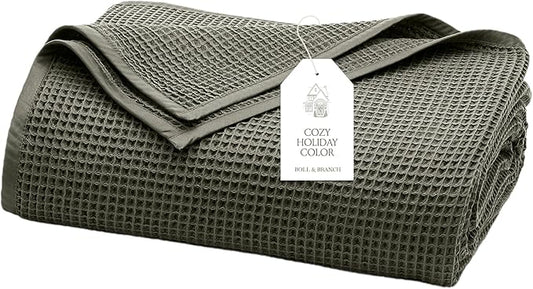 BOLL & BRANCH Waffle Bed Blanket - King/Cal King, Juniper - Luxury 100% Organic Cotton - Soft, Lightweight and Breathable - Textured Waffle Weave