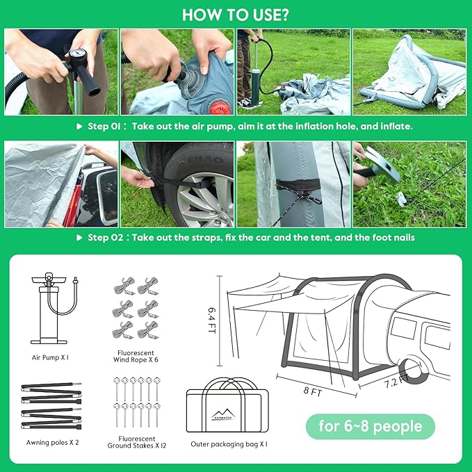 Inflatable SUV Tent for Camping, Large Quick Setup Blow Up Tents, 6-Person Tent with Detachable Car Attachment, Tents with Storage Bag &Projection Screen, Waterproof