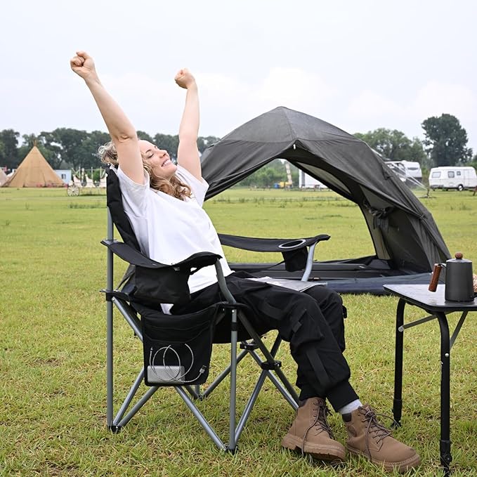 KingCamp Oversized Camping Folding Chair with Lumbar Support, Heavy Duty Ergonomic Padded Arm Chair with Cooler Bag, Cup Holder, Portable for Outdoor