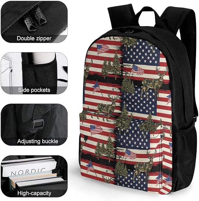 Men Women Polyester Hunting Camo Camouflage Deer American Flag Daypack Big Capacity Shoulder Bag With Adjustable Shoulder Straps for Camping Travel Walking Cycling