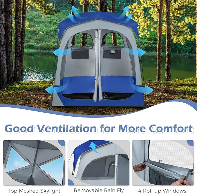 LDAILY Camping Shower Tent, 2 Room Instant Privacy Tent with Floor, Removable Rain Cover, Mesh Window, Inside Pocket and Clothesline, Portable Changing Room for Outdoor Toilet, Dressing
