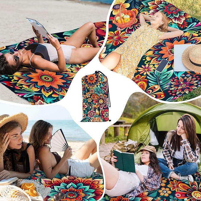 Beach Blanket Waterproof Sandproof, Bohemian Flowers Oversized Extra Large Beach Mat 83"×95"/8 × 7 FT for 1-7 Adults for Picnic Travel Hiking, Quick Drying Lightweight Camping Vacation Essentials