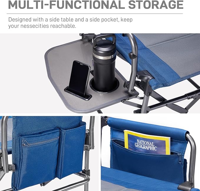 EVER ADVANCED Camping Directors' Chair with Side Table, Portable Folding with Compact Size, Heavy Duty Lawn Chair with Pocket for Camping, Lawn, Sports and Fishing, 400lbs, Blue