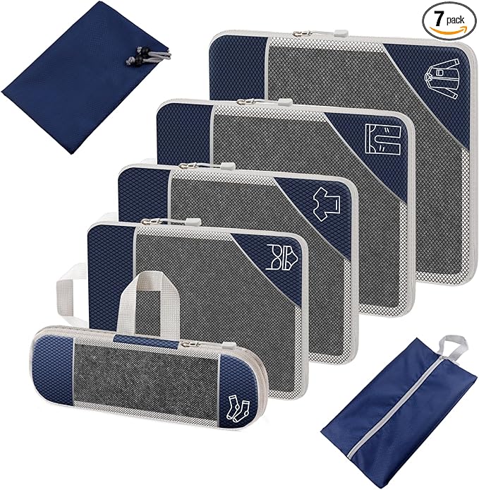 7 Set Compression Packing Cubes for Travel Women Men Kids Carry on, See-Through Mesh Packing Bags for Luggage, Expandable Travel Packing Organizers Bag for Suitcases Storage Sets (Navy Blue)