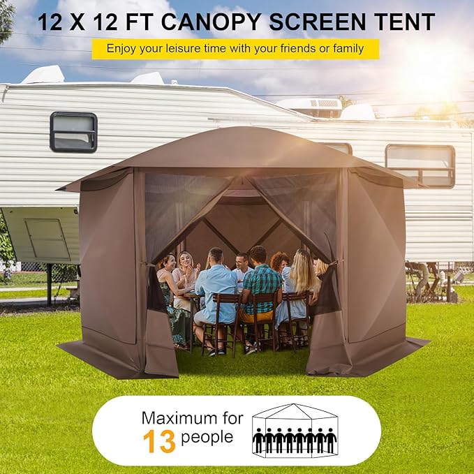COBIZI Pop Up Gazebo Screen Tent Screen House for Camping, 12x12 Screen Room with Mosquito Netting, Hub Tent Instant Screened Canopy with Carrying Bag and Ground Stakes, Brown